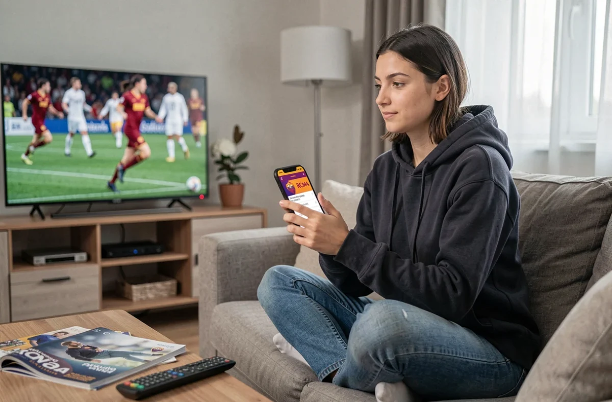 Jeune femme suivant les news de l'AS Roma en direct sur son smartphone depuis son canapé