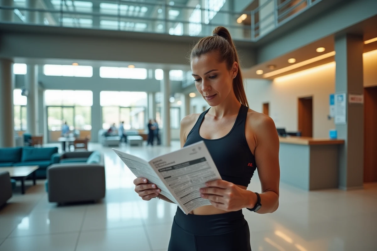 Femme lisant brochure dans le hall du complexe sportif Jules Ladoumègue