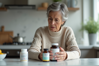 Femme préoccupée lisant une étiquette de supplément