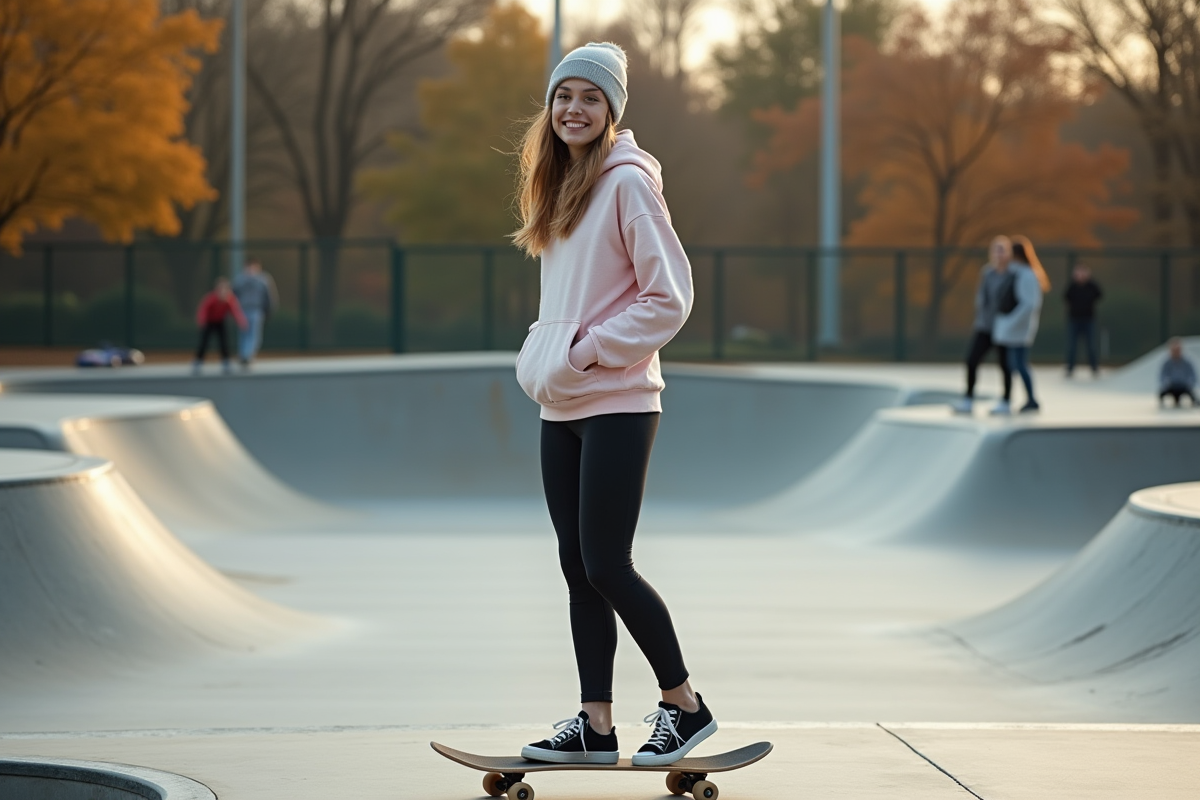 Jeune femme en pause sur son skateboard dans un skatepark