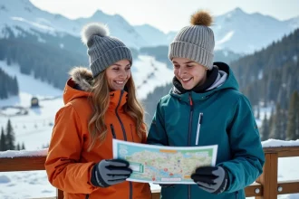 Femme et adolescent avec passes de ski à Les Arcs