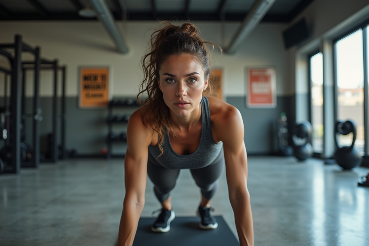 Femme en pleine action de burpee dans une salle de sport moderne
