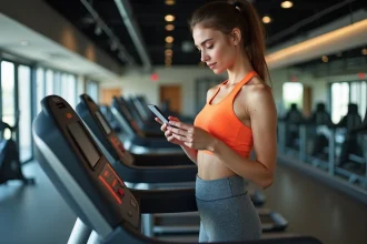 Jeune femme vérifiant son smartphone dans une salle de sport moderne