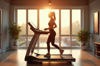 Femme en tenue de sport marchant sur un tapis dans une salle lumineuse