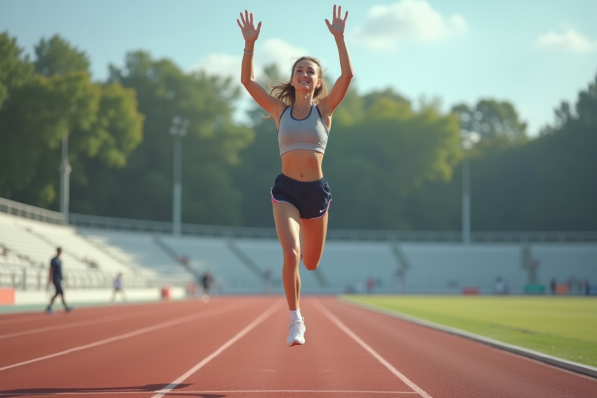 Jeune femme sportive en plein saut sur piste extérieure