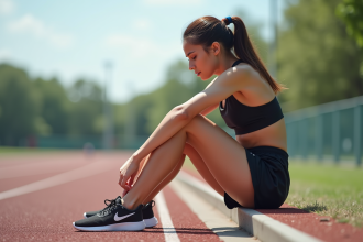 Jeune femme sportive assise sur la piste avec douleur au genou