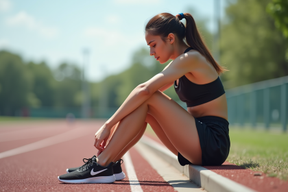 Jeune femme sportive assise sur la piste avec douleur au genou