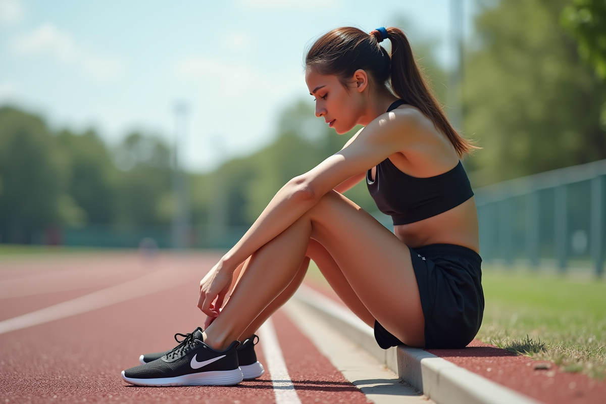 Jeune femme sportive assise sur la piste avec douleur au genou