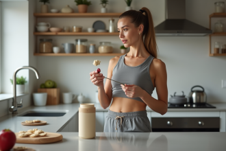 Jeune femme sportive avec shaker dans la cuisine moderne
