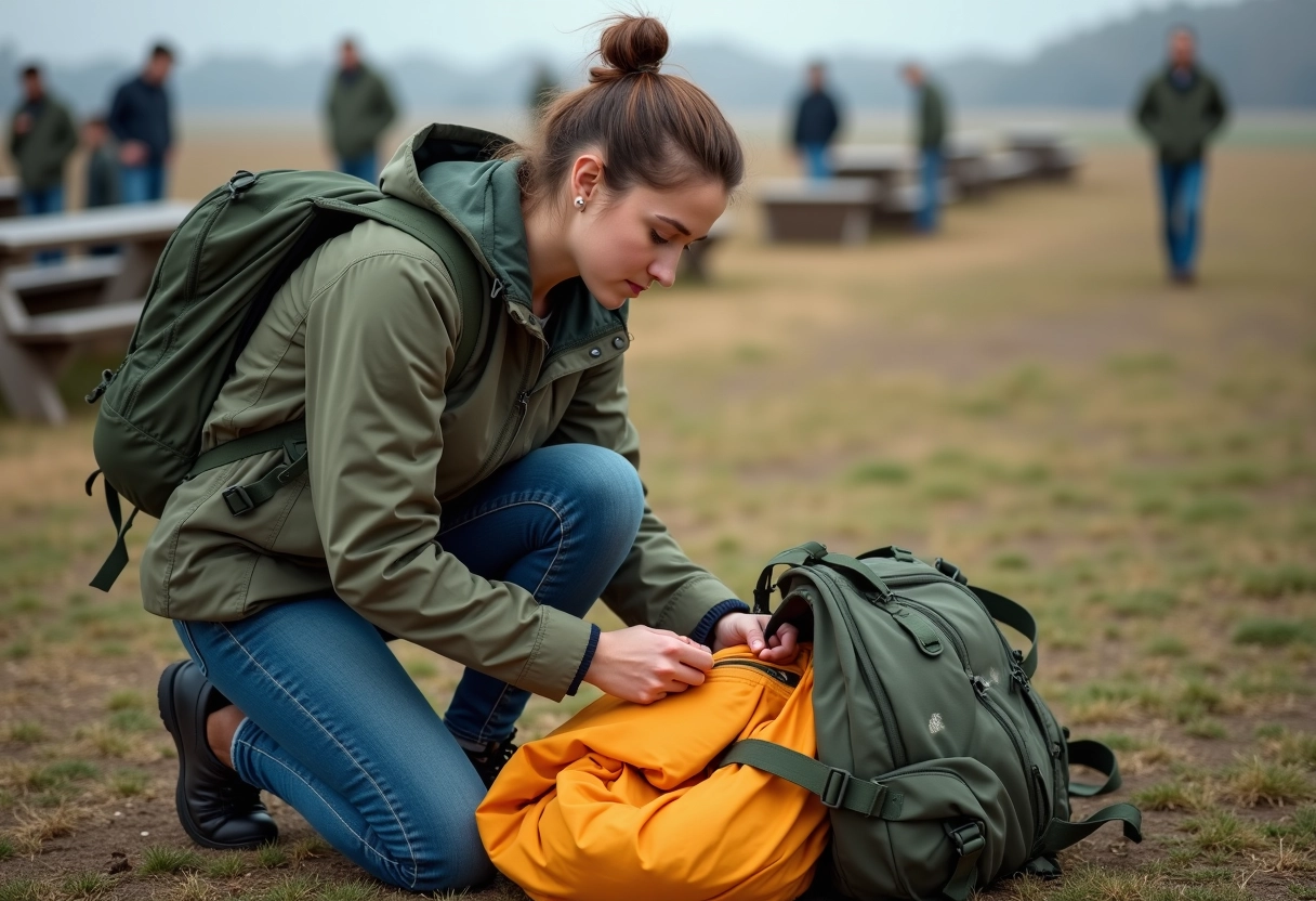 Jeune femme inspectant un parachute dans un terrain d