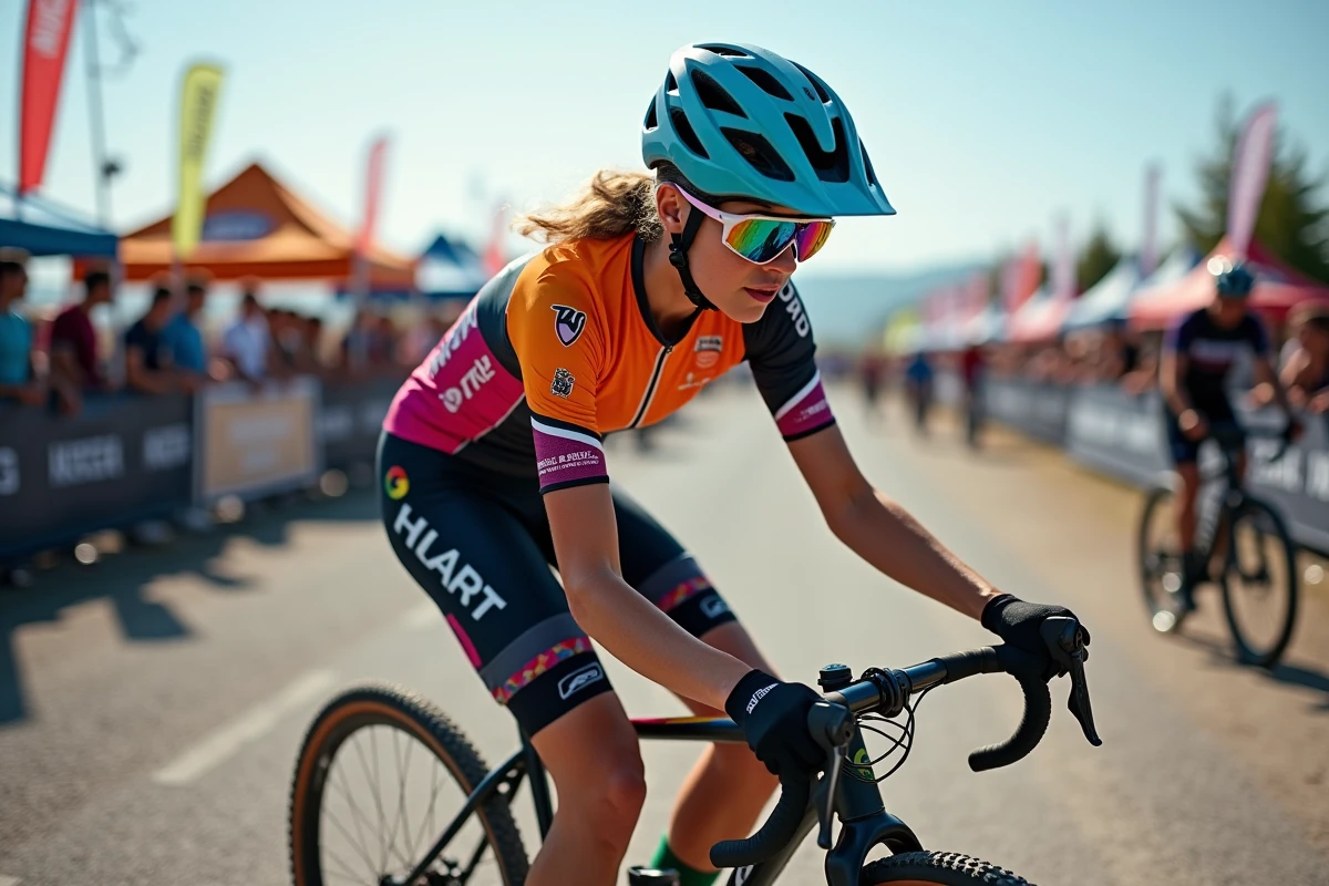 Jeune femme préparant son vélo avant une course de VTT