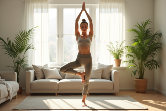 Jeune femme pratiquant le yoga en équilibre dans un salon lumineux
