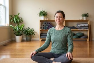 Femme en posture de yoga dans un studio calme et lumineux