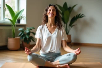 Femme en posture de yoga dans un studio calme et lumineux
