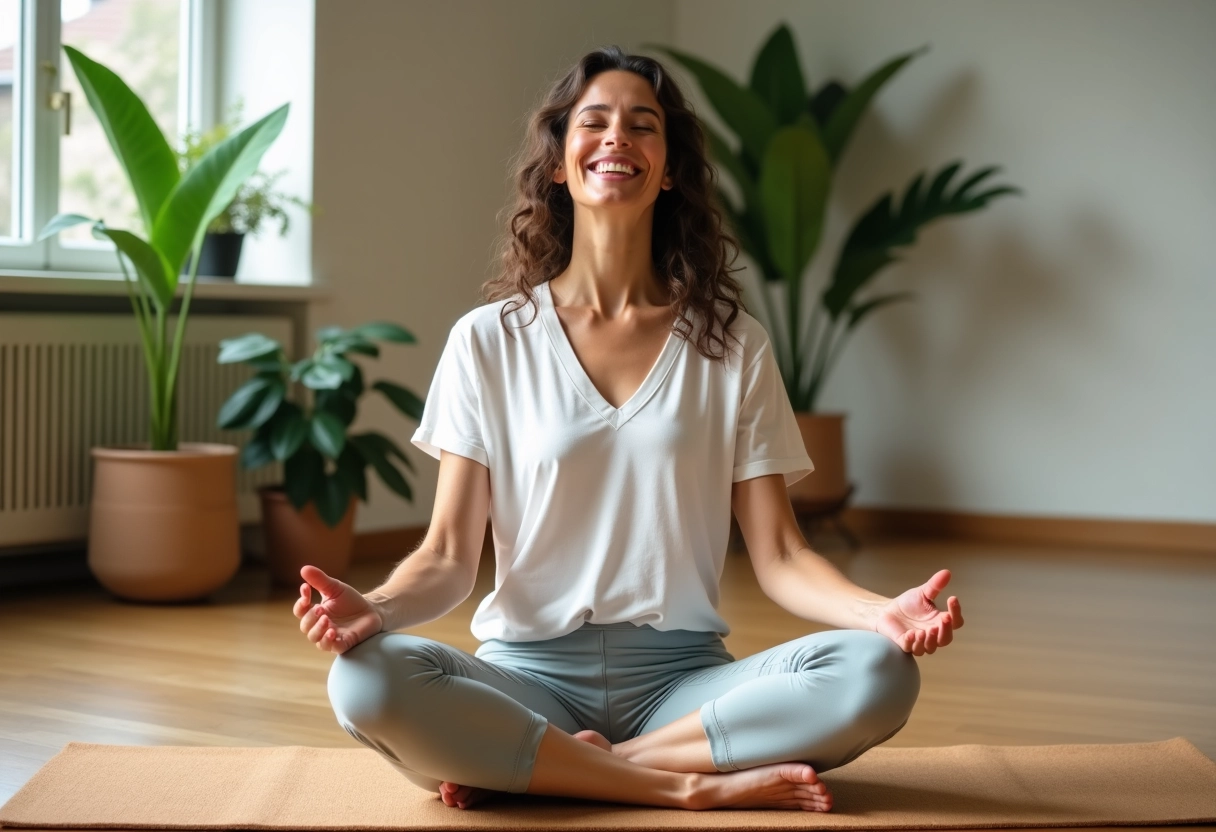 Femme en posture de yoga dans un studio calme et lumineux