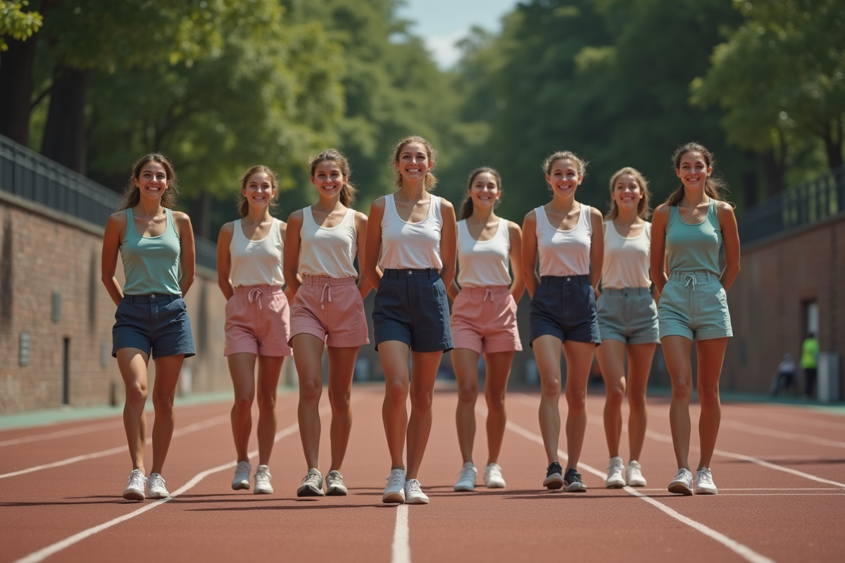 Femmes en uniformes sportifs anciennes au départ d'une course