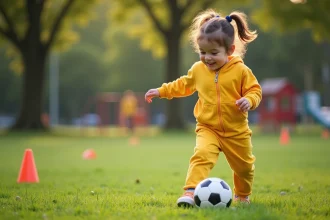 Jeune fille de 3 ans joue au football en extérieur