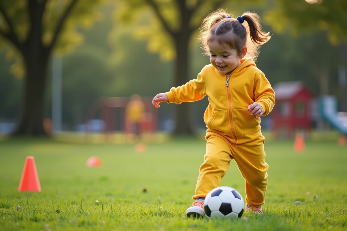 Jeune fille de 3 ans joue au football en extérieur