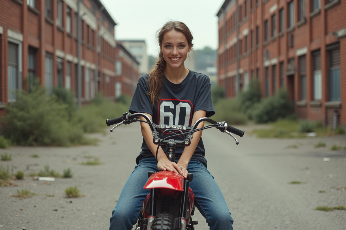 Jeune fille en motocross vintage dans un parking urbain