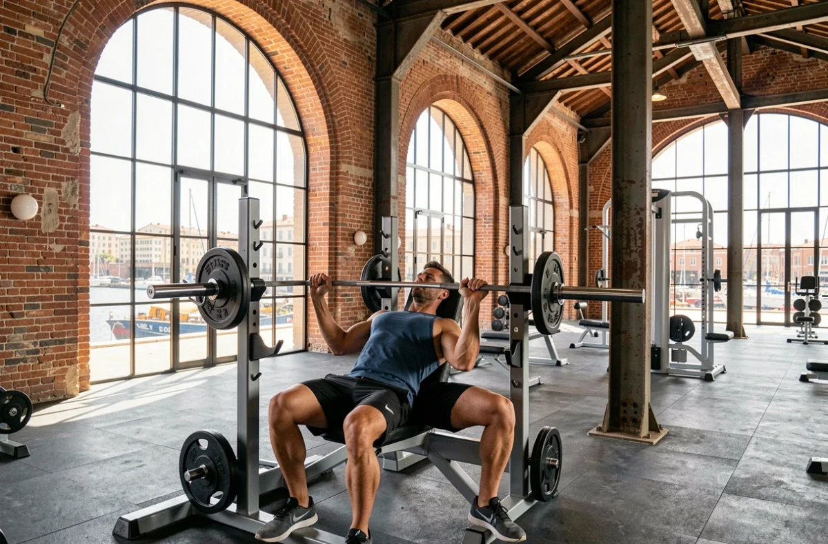 Un homme faisant du développé couché dans la salle Fitness Park Marseille Les Docks avec l'architecture industrielle en arrière-plan