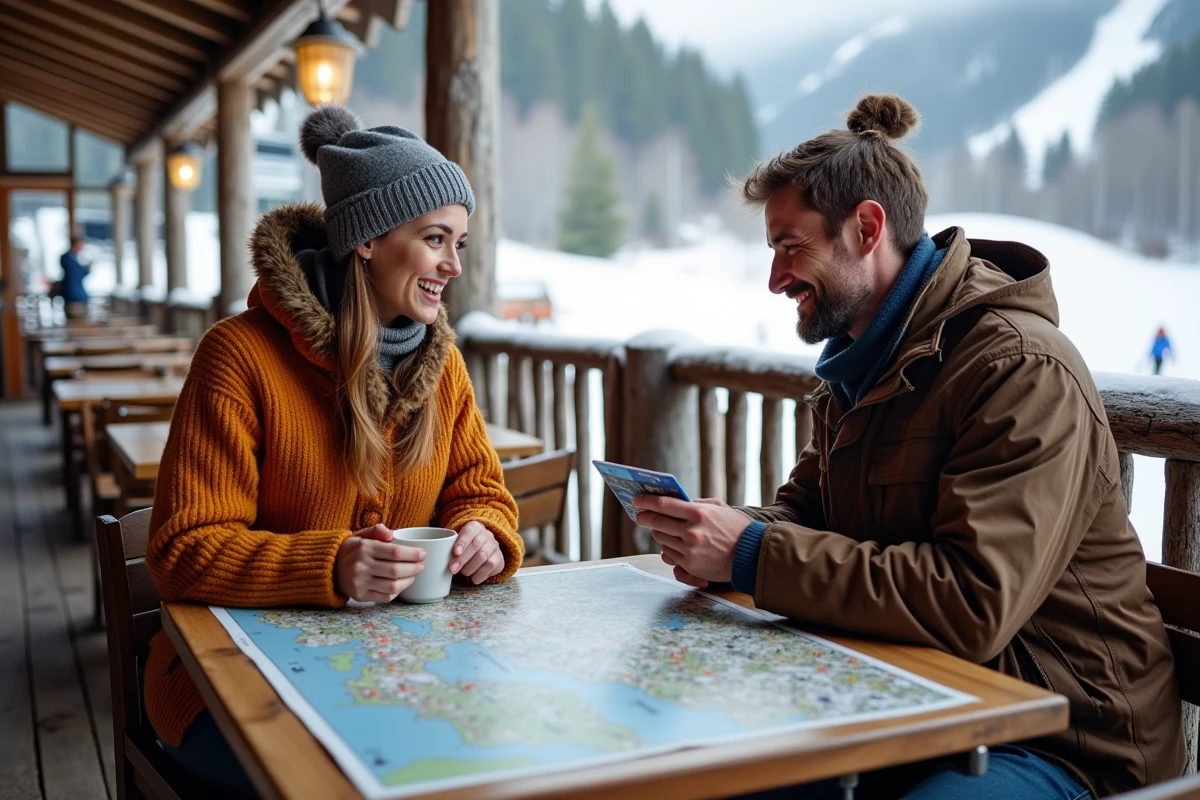 Couple de skieurs comparant les forfaits petit et grand domaine des Deux Alpes autour d'un plan des pistes
