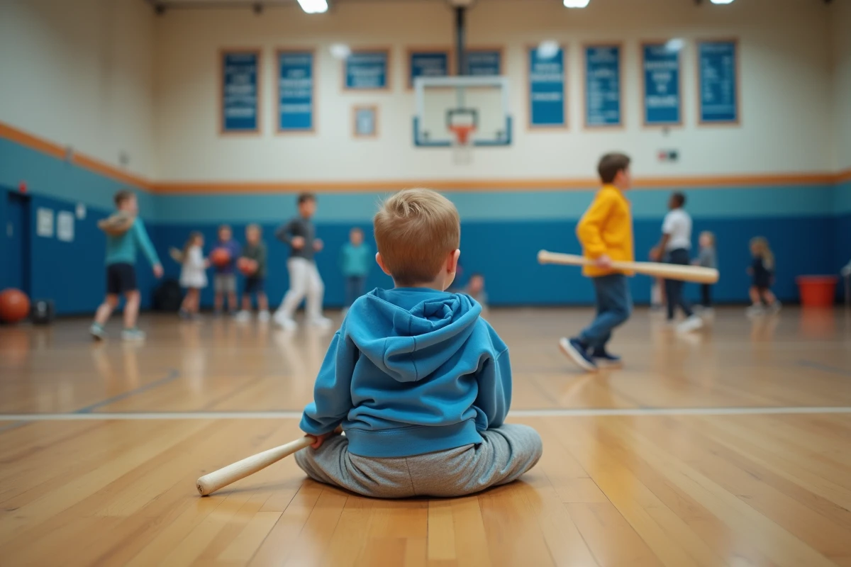 Garçon de 3 ans regarde des enfants jouer au gymnase