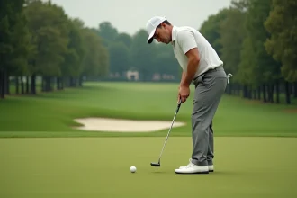Golfeur en plein putt sur un green bien entretenu