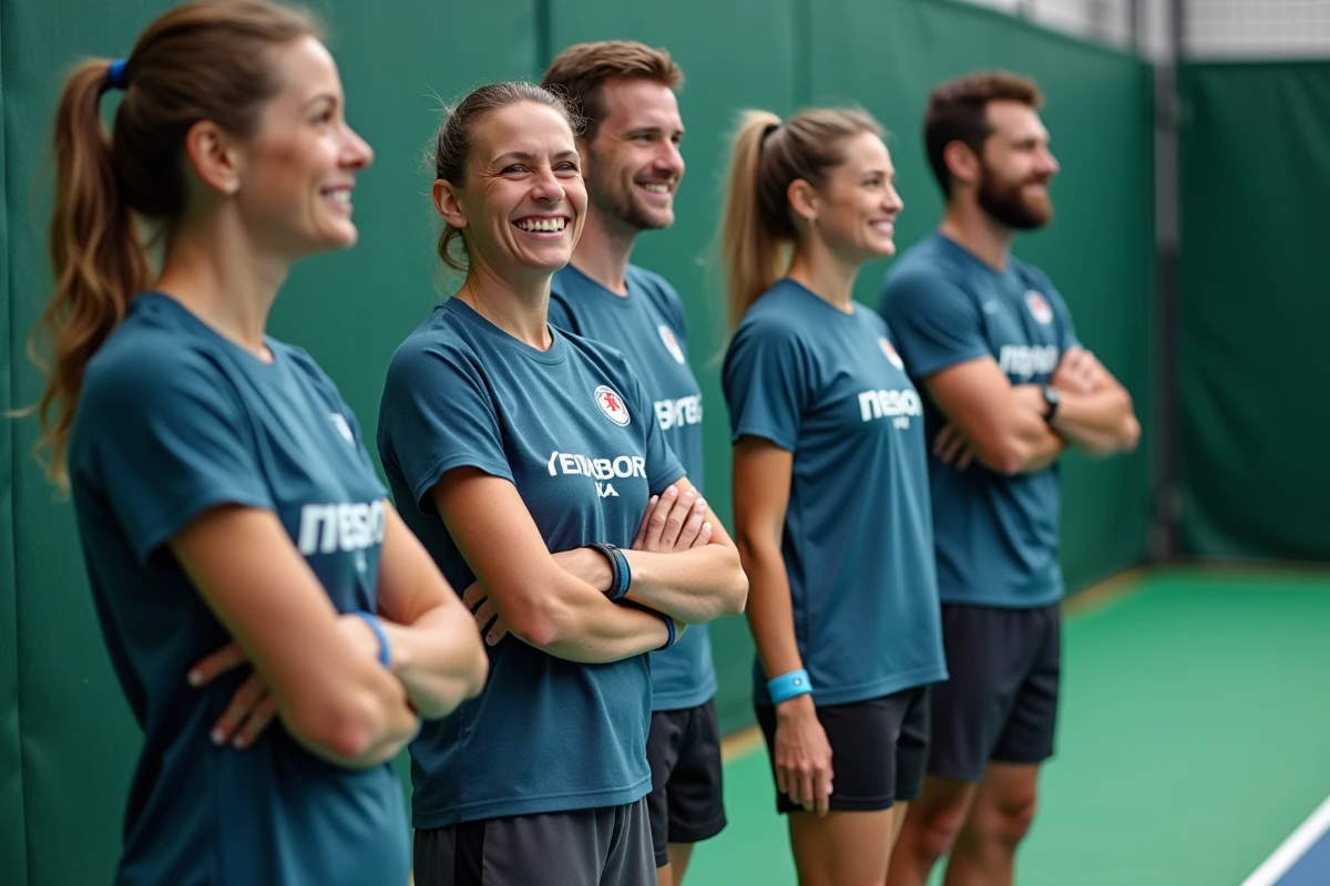 Groupe de joueurs amateurs de padel souriants en intérieur