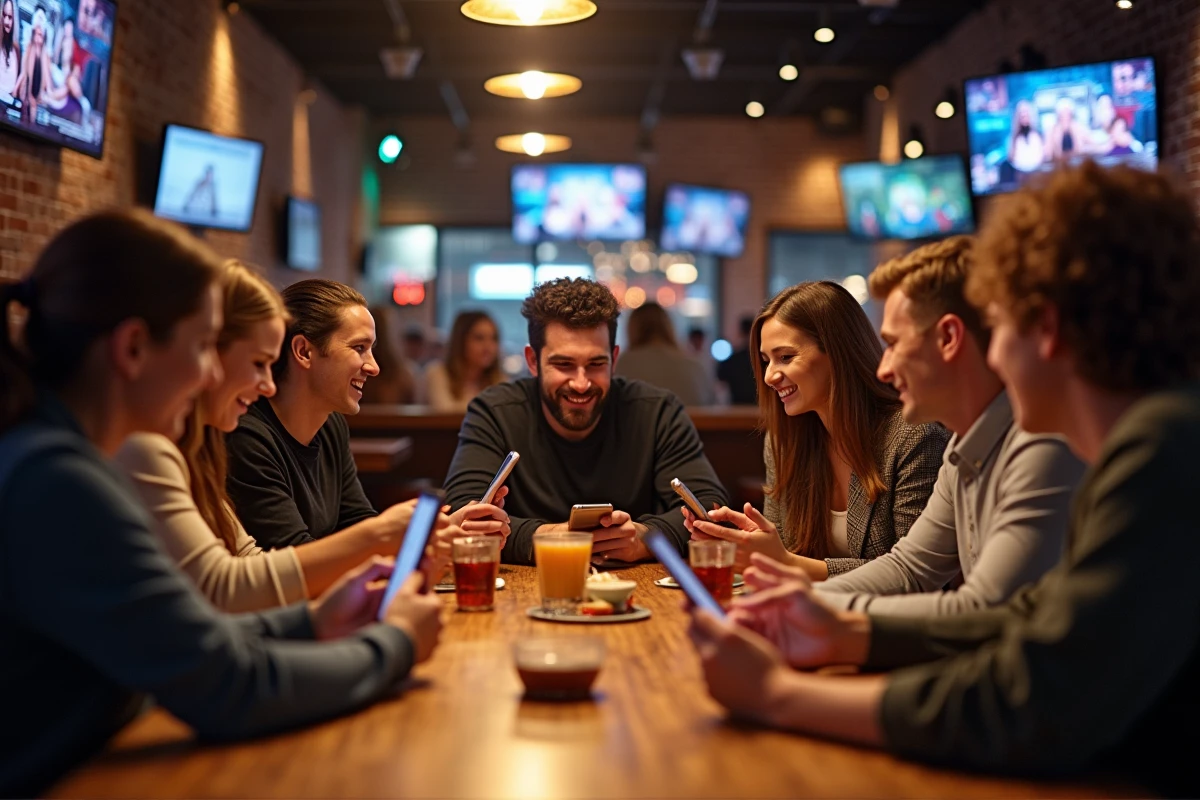 Groupe diversifié de personnes regardant leurs téléphones au bar WWE