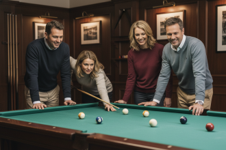 Groupe de quatre adultes jouant au billard dans un salon cosy