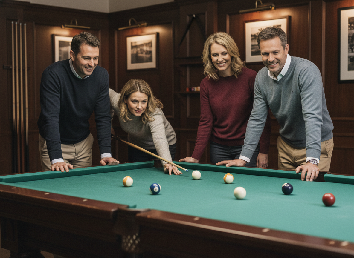 Groupe de quatre adultes jouant au billard dans un salon cosy