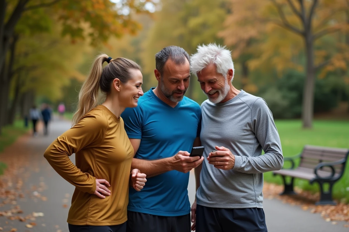 Groupe de coureurs consultant un calculateur d'allures semi-marathon sur smartphone en parc