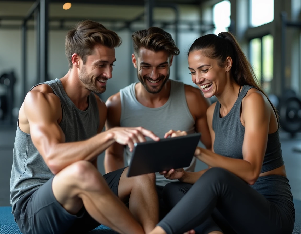 Groupe de sportifs débutants consultant ensemble le forum Planète Muscle sur une tablette en salle de musculation