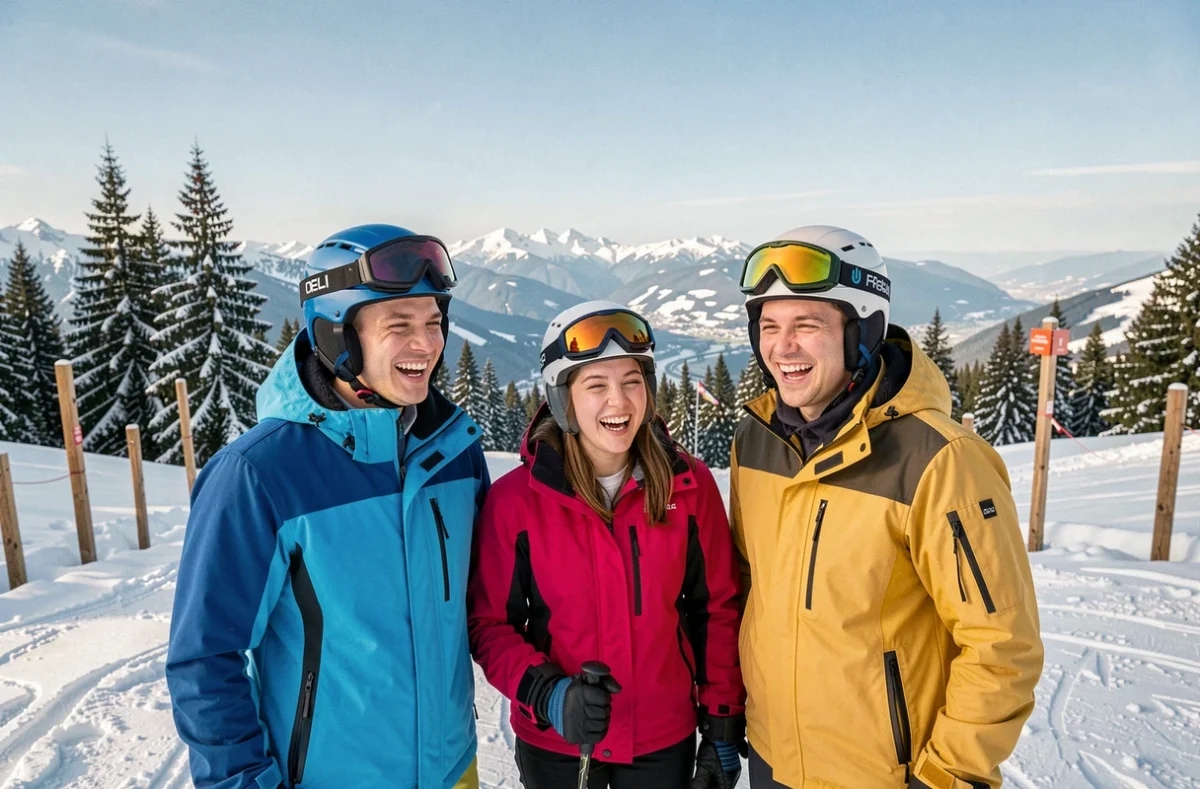 Groupe d'étudiants en tenue de ski au sommet des pistes enneigées de Pra Loup avec panorama alpin