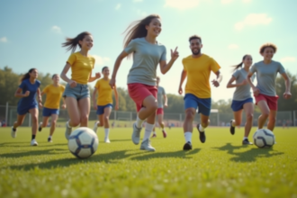 Groupe de jeunes pratiquant différents sports en extérieur