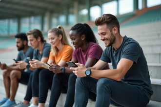 Jeunes adultes avec smartphones dans un stade moderne