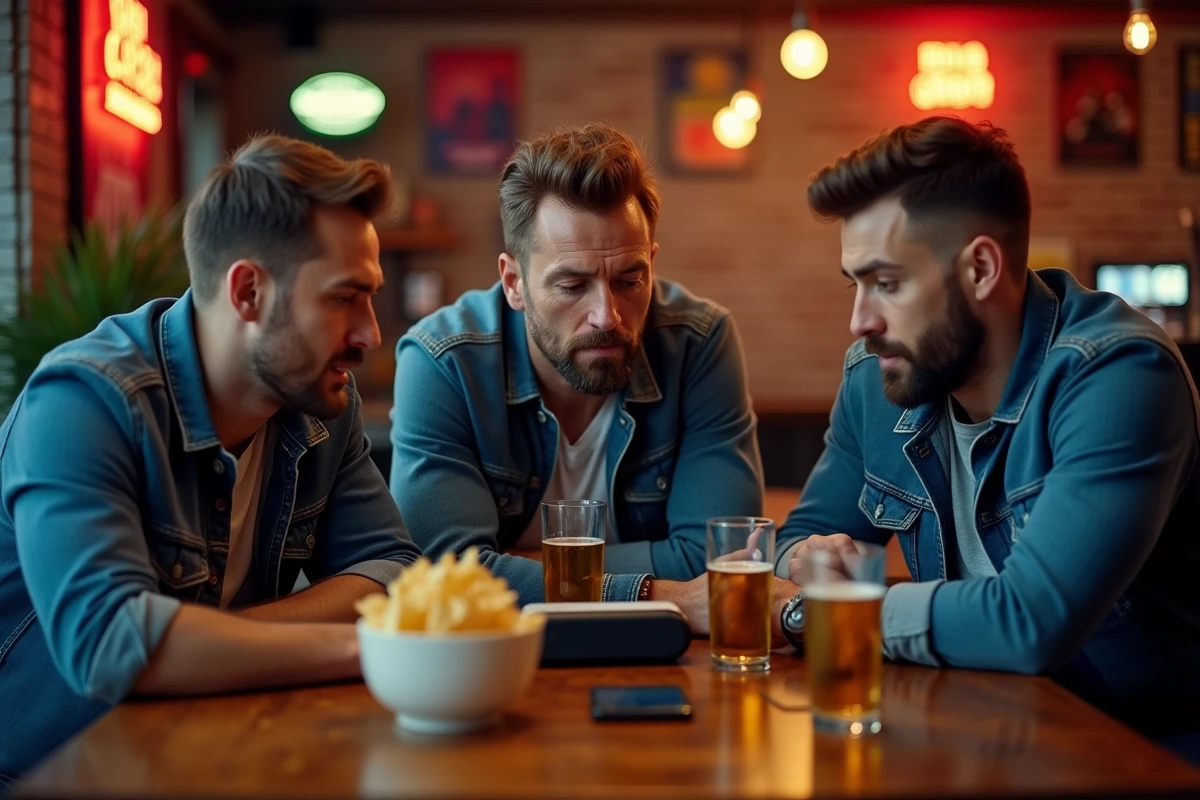 Groupe de supporters écoutant un match de l'Inter en live audio dans un bar sportif