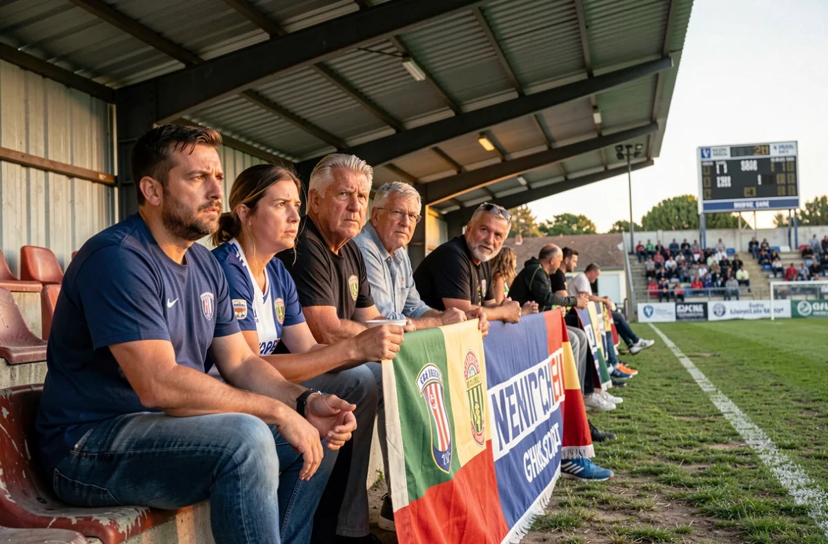 Groupe de supporters attentifs dans les tribunes du stade d'Aubagne lors d'un match du Sporting Club Air Bel