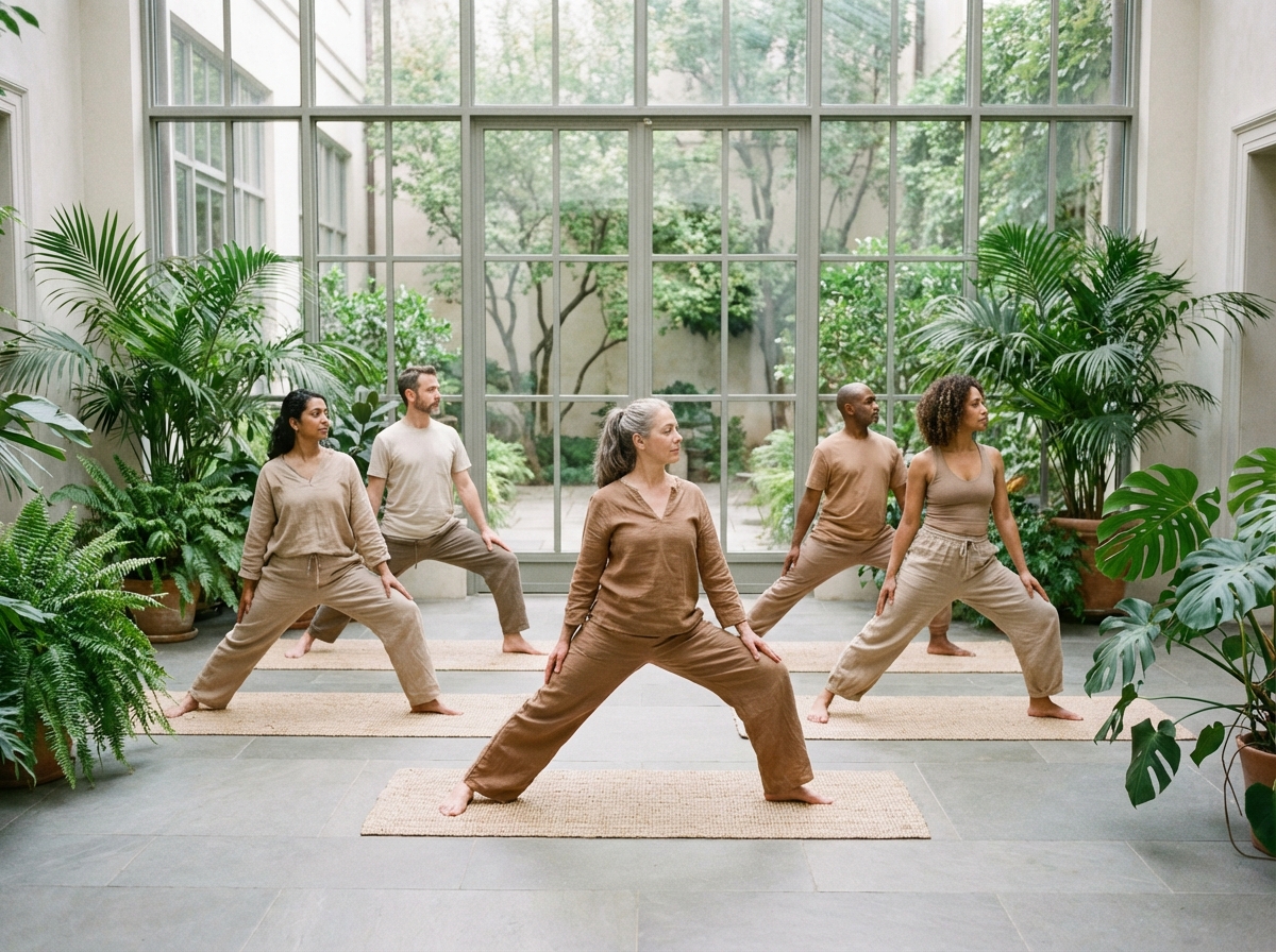 Groupe diversifié pratiquant le yoga dans un jardin intérieur