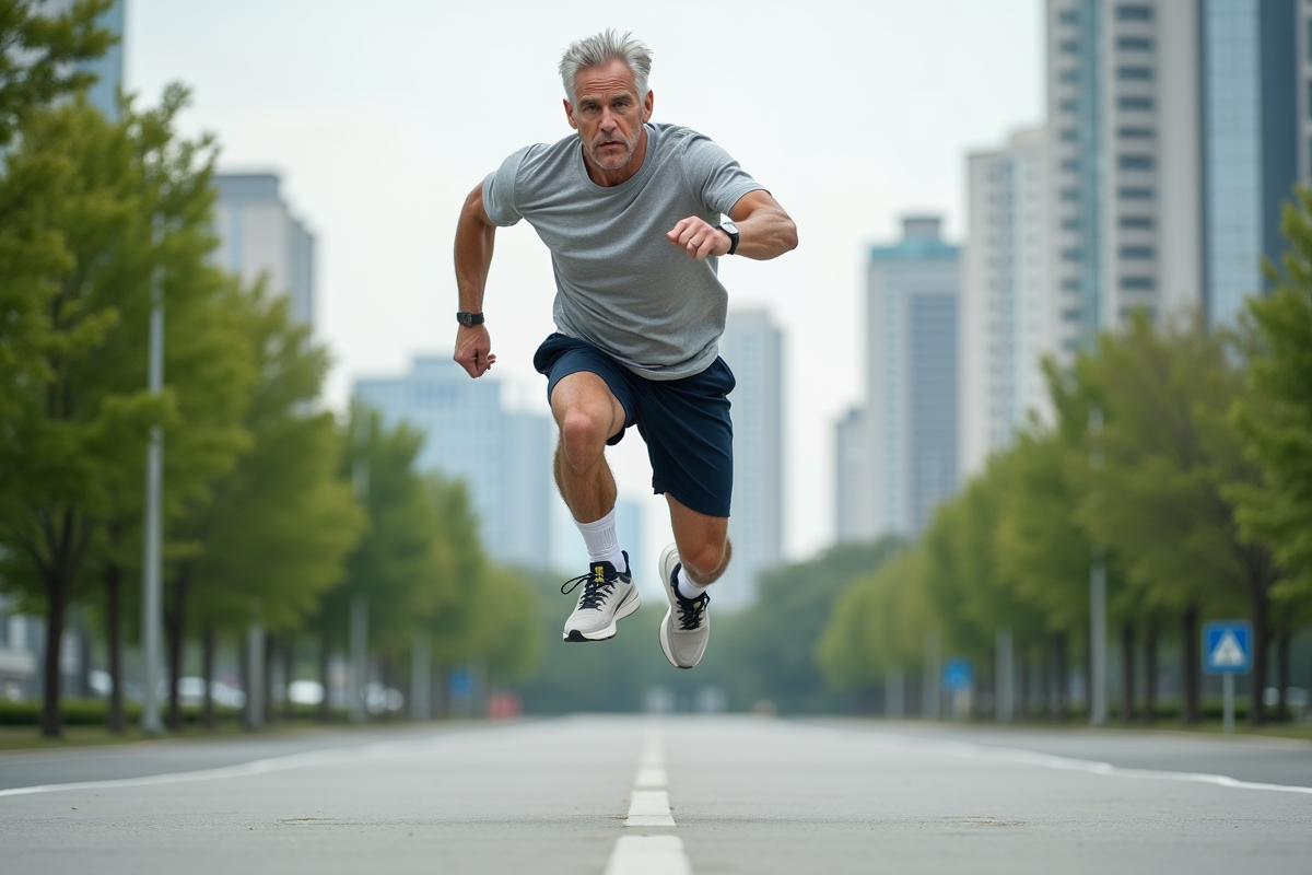 Homme athlétique sautant dans un parc urbain