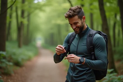 Homme sportif vérifiant sa smartwatch en nature