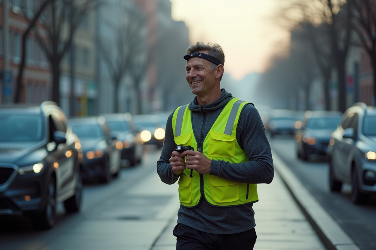 Homme courant en ville avec veste de sécurité haute visibilité