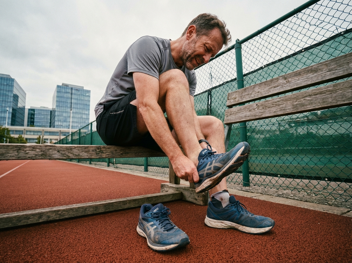 Homme coureur assis sur un banc en ville