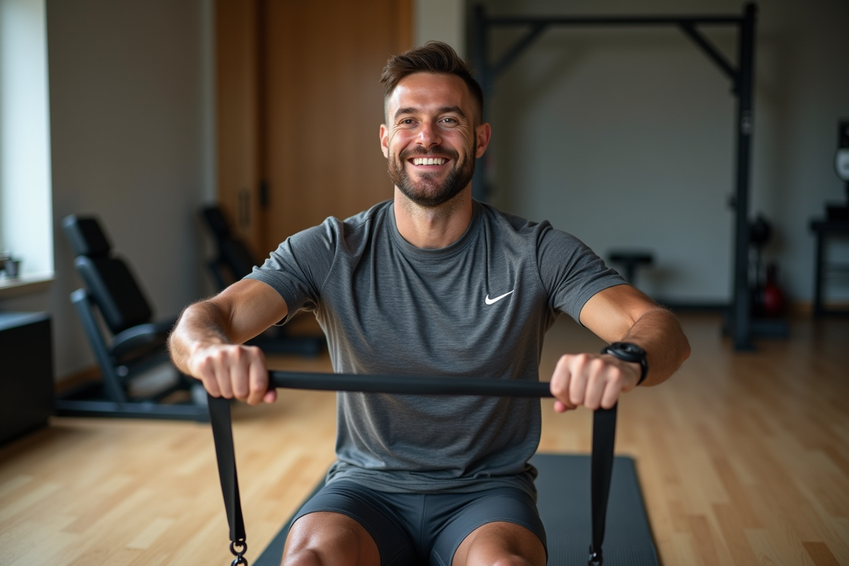 Homme faisant des rowing avec bande de resistance en studio