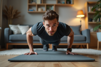 Homme en train de faire des pompes dans un salon moderne