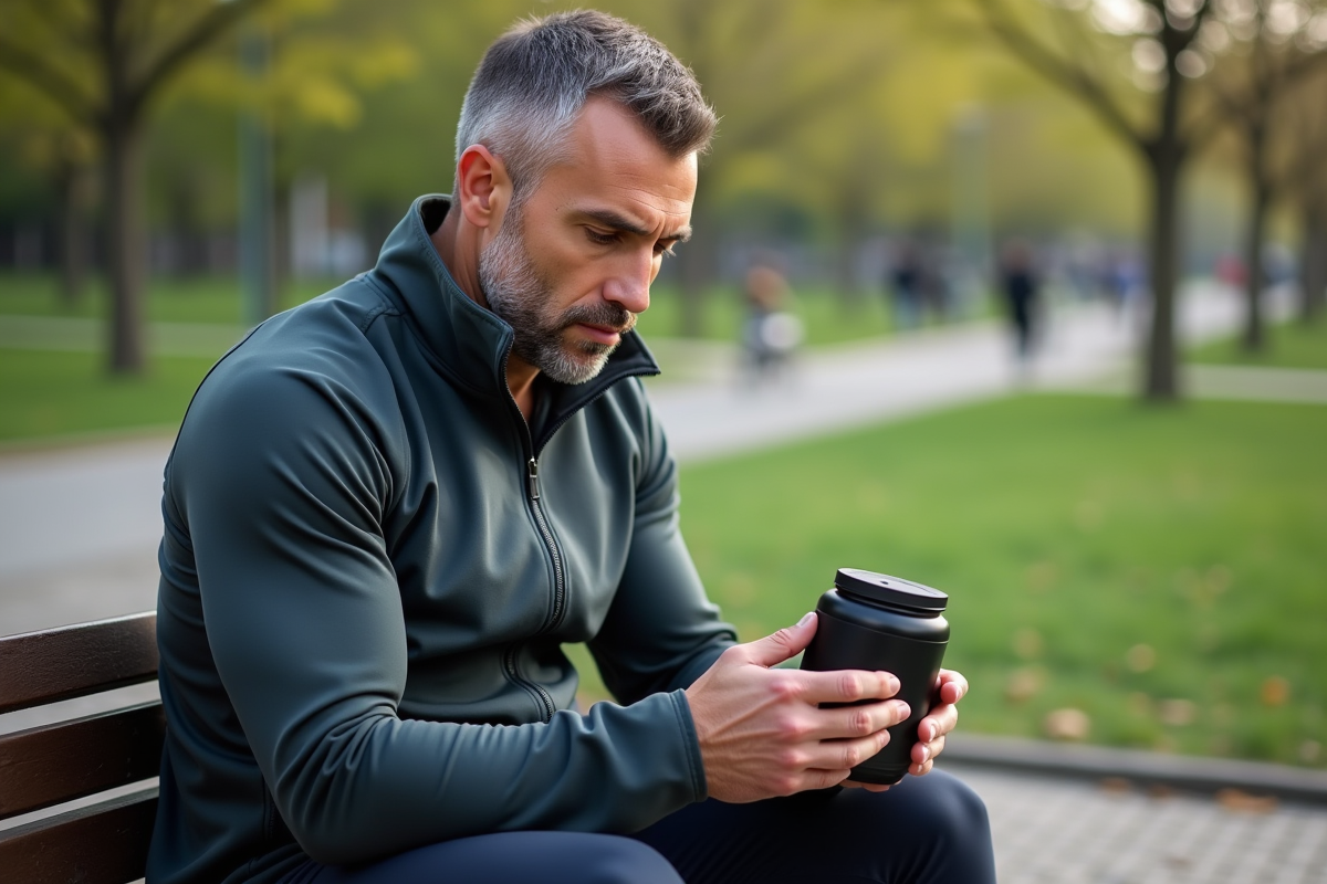 Homme d age moyen regardant l etiquette de proteine en plein air