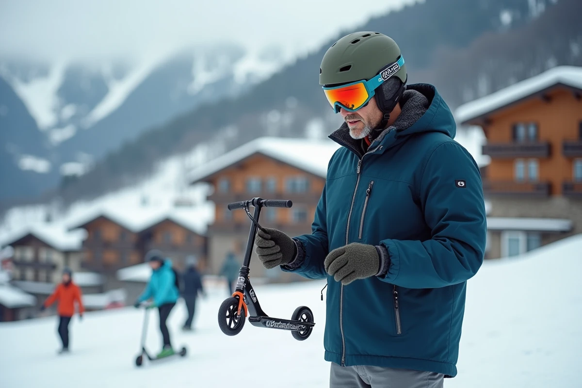 Homme adulte tenant une patinette ski sur une piste de station alpine avec des chalets en arrière-plan