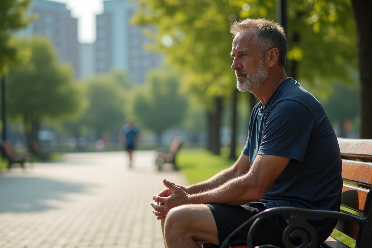 Homme se reposant sur un banc dans un parc urbain
