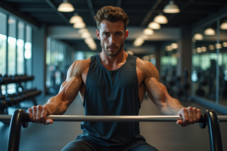 Jeune homme musclé en salle de sport lors d'un développé couché