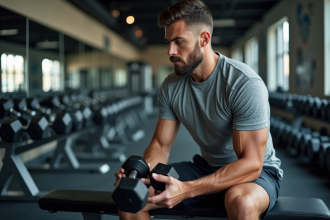 Homme en t-shirt gris et shorts noirs choisissant des haltères en salle